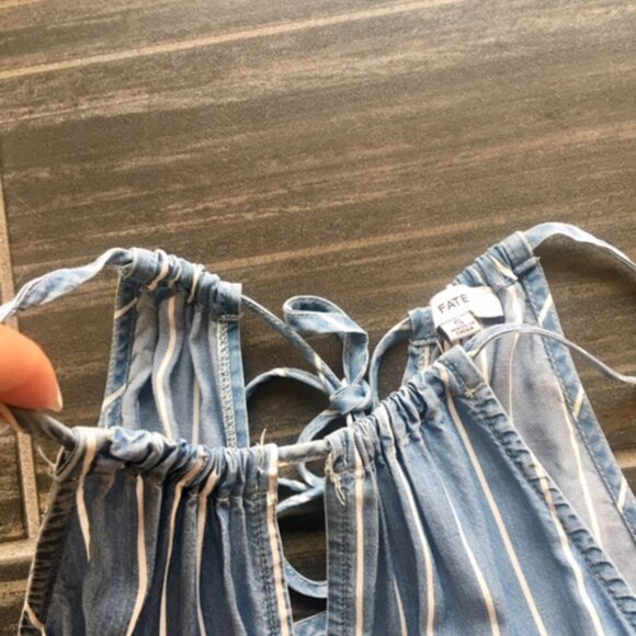 FATE  tencel blue/white striped jumpsuit with tie up halter neck size small - Picture 9 of 13